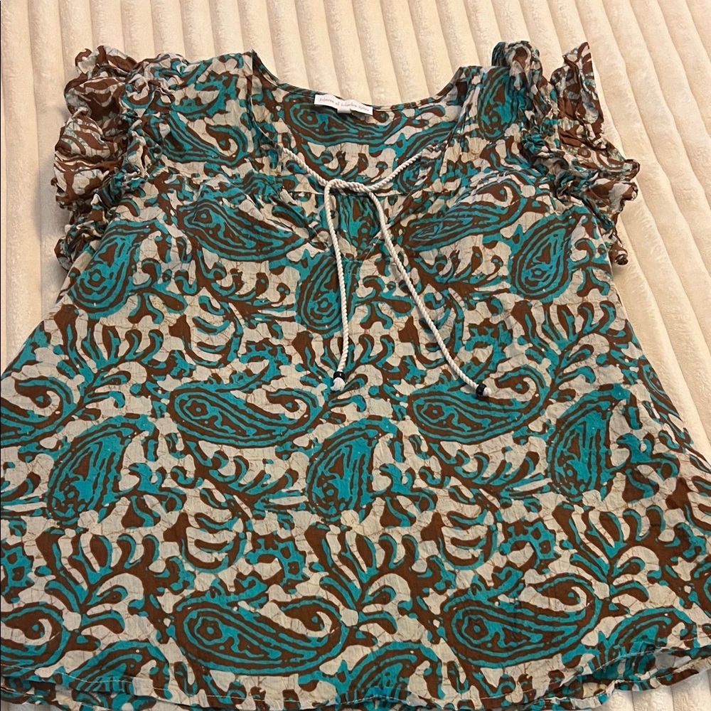 House of Harlow 1960 Turquoise and Brown Paisley Top